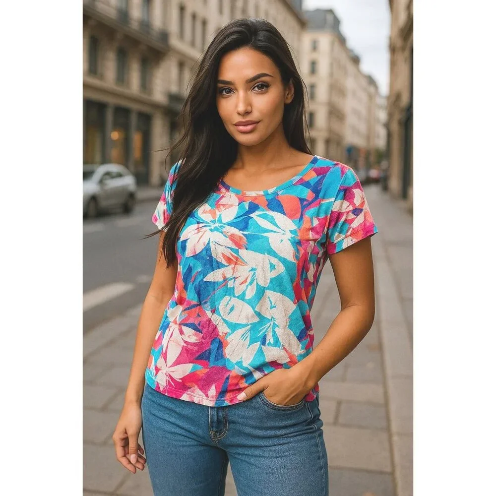 T By Talbots Size Small Multicolor Rayon Cotton Tee Floral Print City Casual Tee - Picture 1 of 12